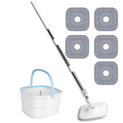 Spin Mop and Bucket with Wringer Set Flat Floor Mop with Clean and Dirty Water Separate System 2 Replaceable Reusable Washable Microfiber Mop Pads 