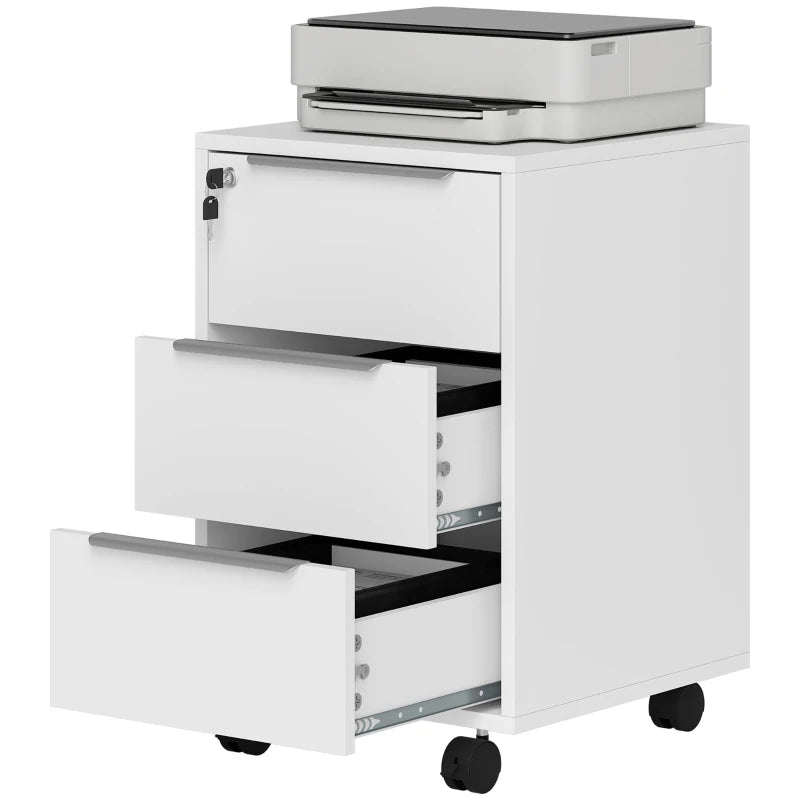 3-Drawer File Cabinet with Wheels, Vertical Filing Cabinet with Lock, White