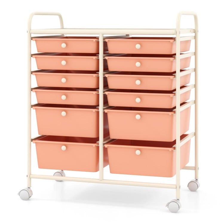 12-Drawer Rolling Storage Cart with Removable Drawers and Lockable Wheels-Peach