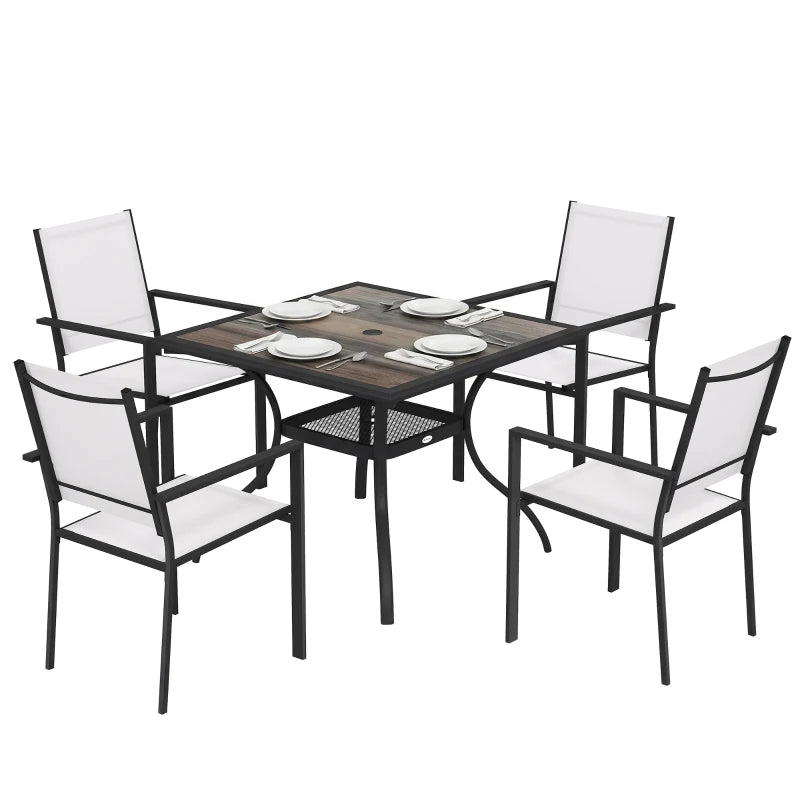 5 Piece Outdoor Patio Dining Set, Dining Table and 4 Stackable Chairs with Umbrella Hole, Shelf