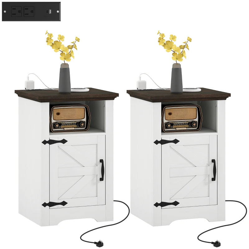 Set of 2 Side Tables, Night Stands with Charging Outlets, White