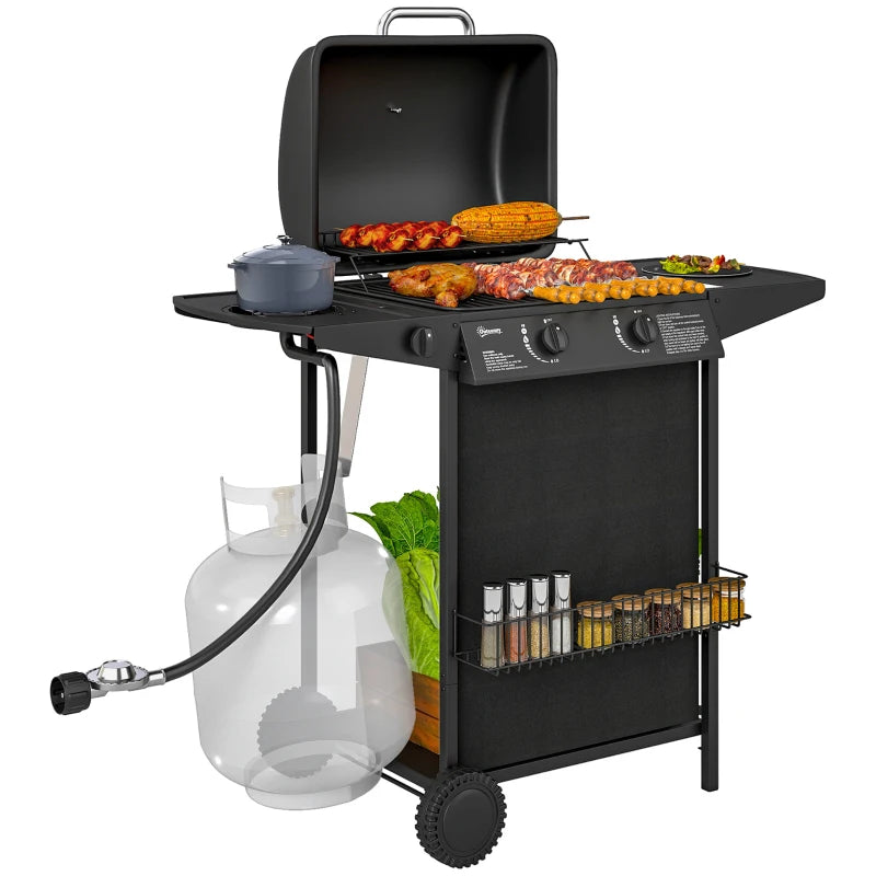 2+1 Burner Propane Gas BBQ Grill, Portable Gas Barbecue Grill with Side Burner, Thermometer, Lid, Side Table, Shelf, Spice Rack, Wheels, Grease Cup for Garden, Black