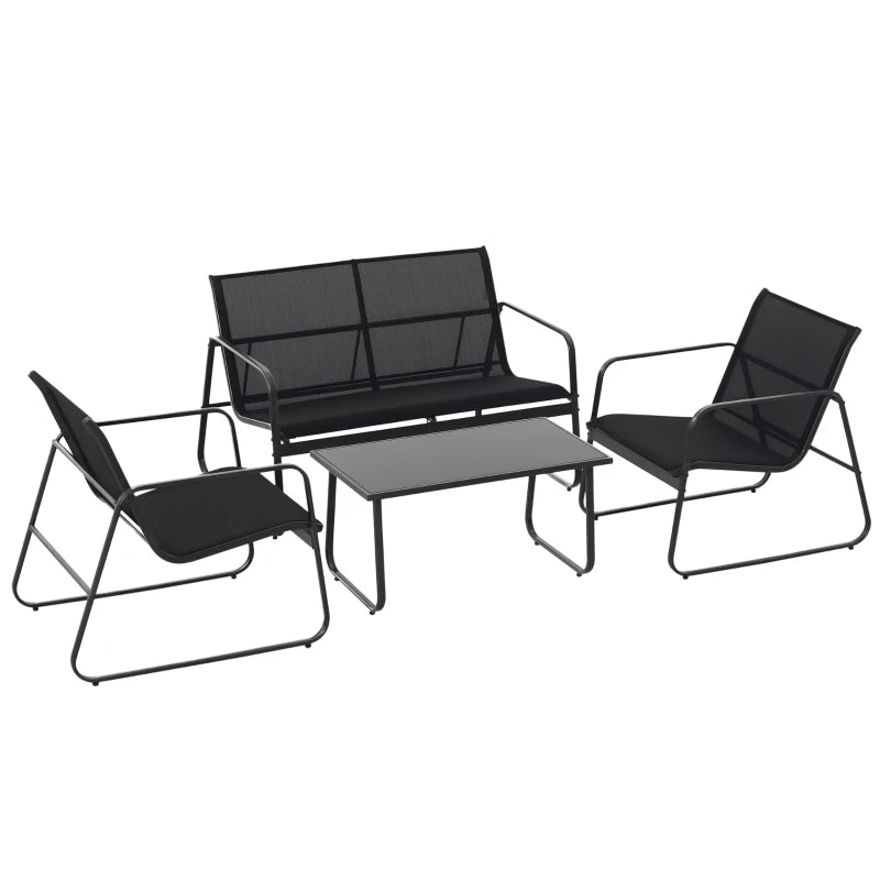4 Piece Patio Furniture Set, Outdoor Conversation Set with Loveseat Sofa, Armchairs, Glass Top Coffee Table, Black