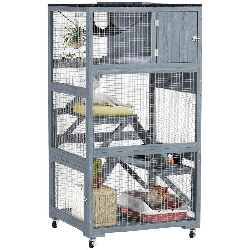 66"H Catio Outdoor Cat Enclosure on Wheels with Hammock Multiple Platforms Resting Condo Ramps for 1-3 Cats, Grey