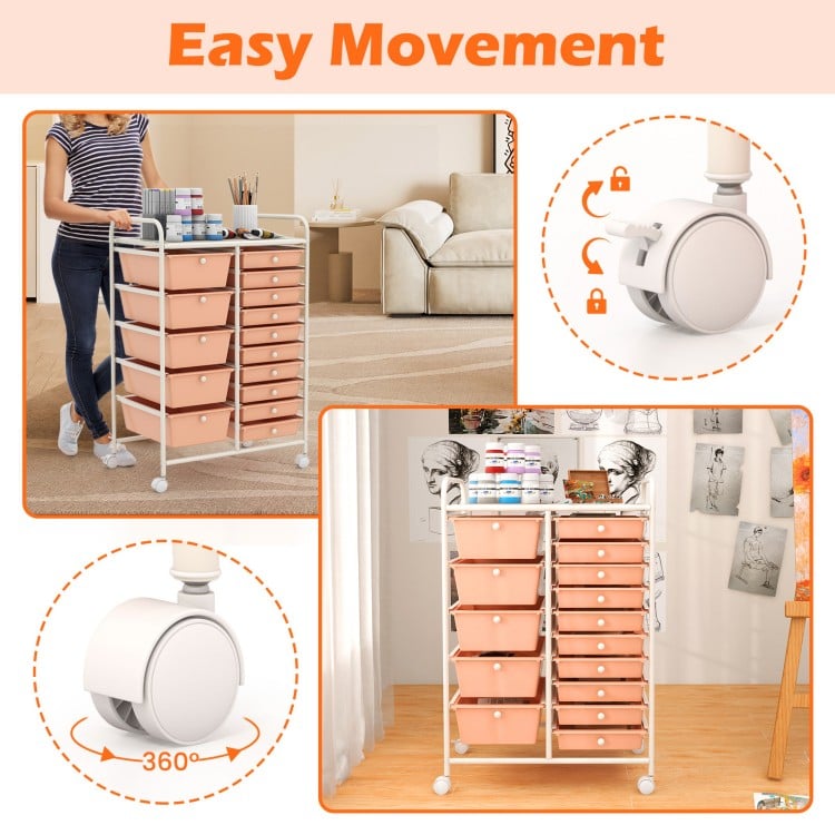 15-Drawer Utility Rolling Organizer Cart Multi-Use Storage-Peach