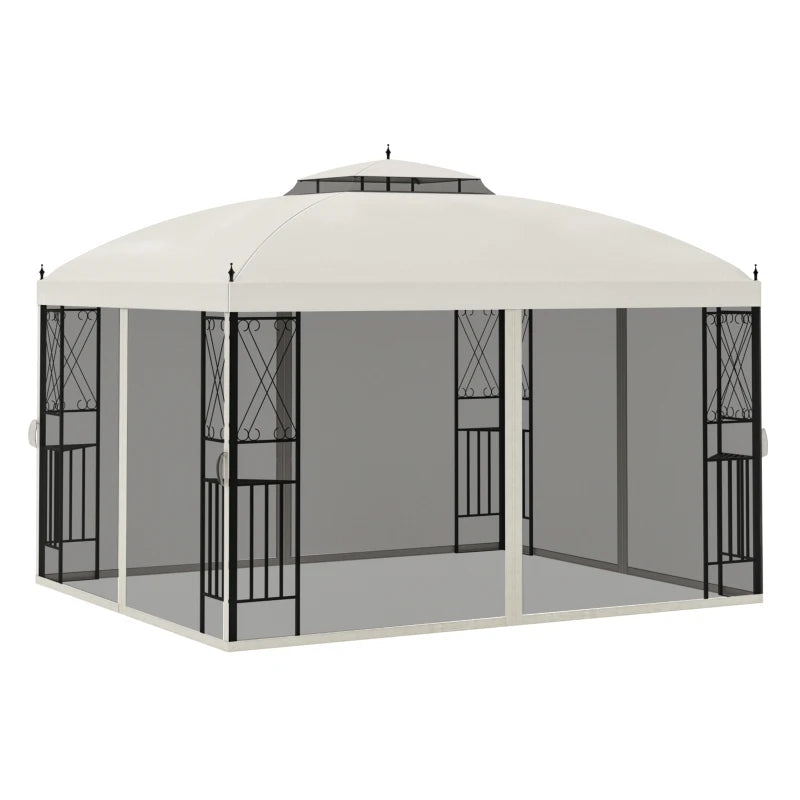 12' x 10' Outdoor Patio Gazebo Canopy with Double Tier Roof, Removable Mesh Sidewalls, Triangular Display Shelves, Beige