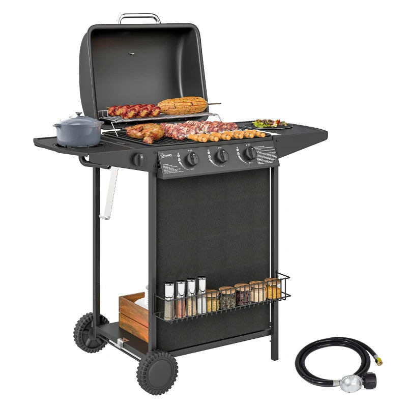 3+1 Burner Propane Gas BBQ Grill, Portable Gas Barbecue Grill with Side Burner, Thermometer, Lid, Side Table, Shelf, Spice Rack, Wheels, Grease Cup for Garden, Black