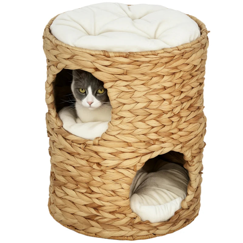 2-Storey Cat Condo Barrel, Small Cat Tree Tower with Top Perch and 2 Hideaways, 2 Entrances, 3 Cushions, Light Brown