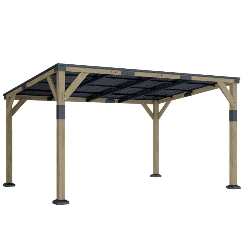 14' x 10' Gazebo, Lean to Galvanized Steel Hardtop Gazebo Pergola with Wood Frame, Patio Gazebo Awning, Dark Grey