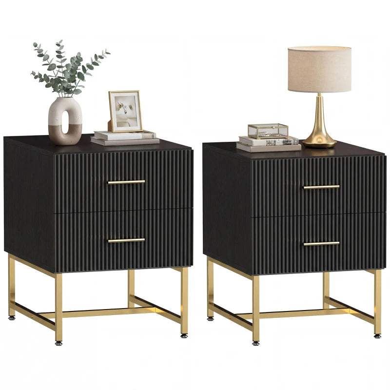 2 Pieces Nightstands with Storage, Modern Bedside Tables with 2 Fluted Drawers and Gold Legs for Bedroom, Black