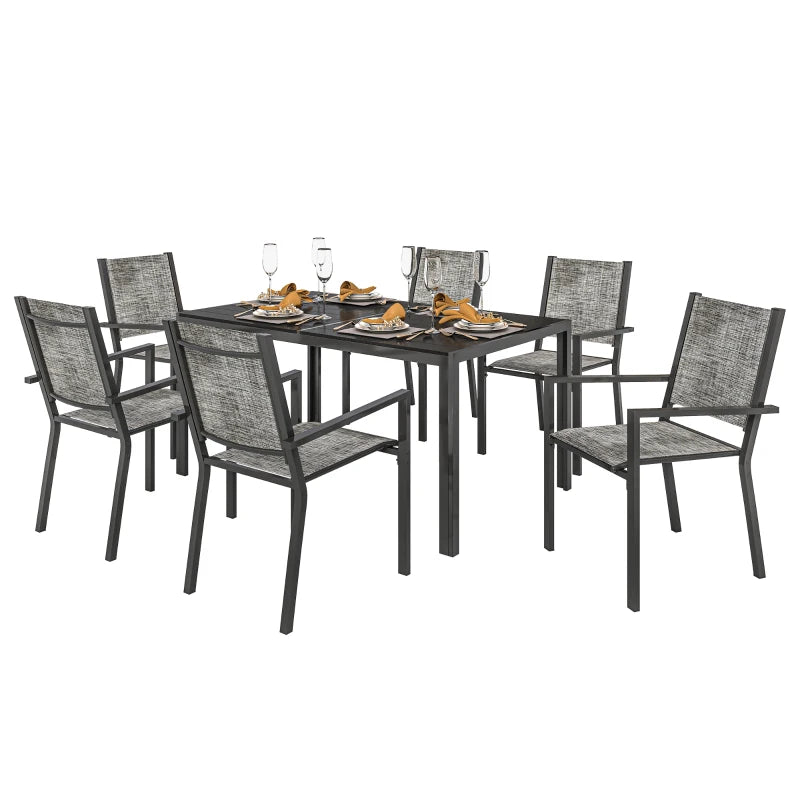 7 Piece Outdoor Dining Set with 6 Stackable Chairs, Rectangle Table, WPC Slatted Top, Rust-Resistant Steel Frame
