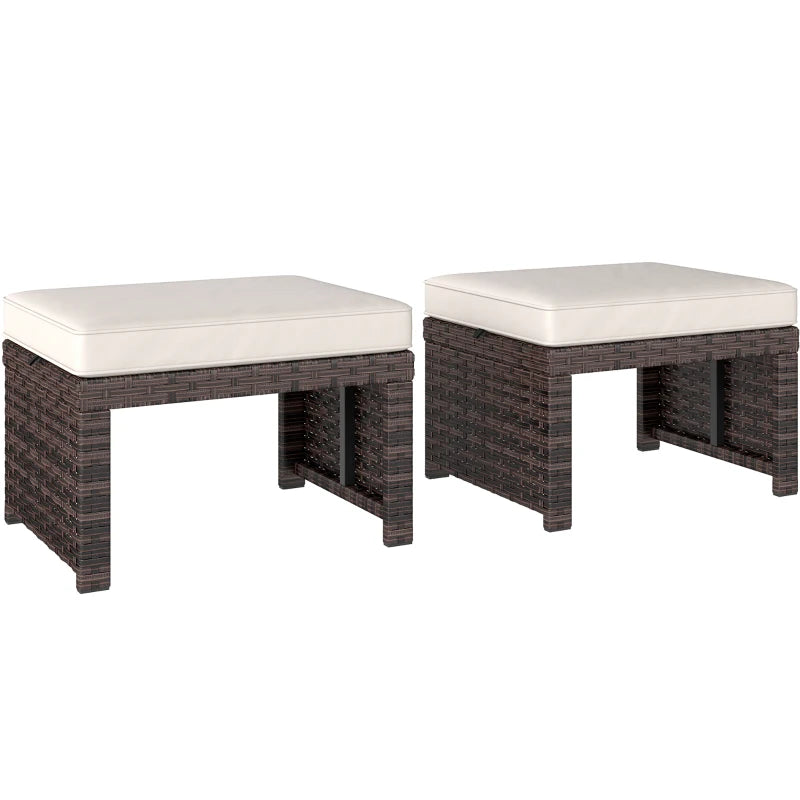 2 Pieces Wicker Outdoor Ottomans with Removable Cushions, Rattan Outdoor Seating, Footrest and Side Table, Khaki