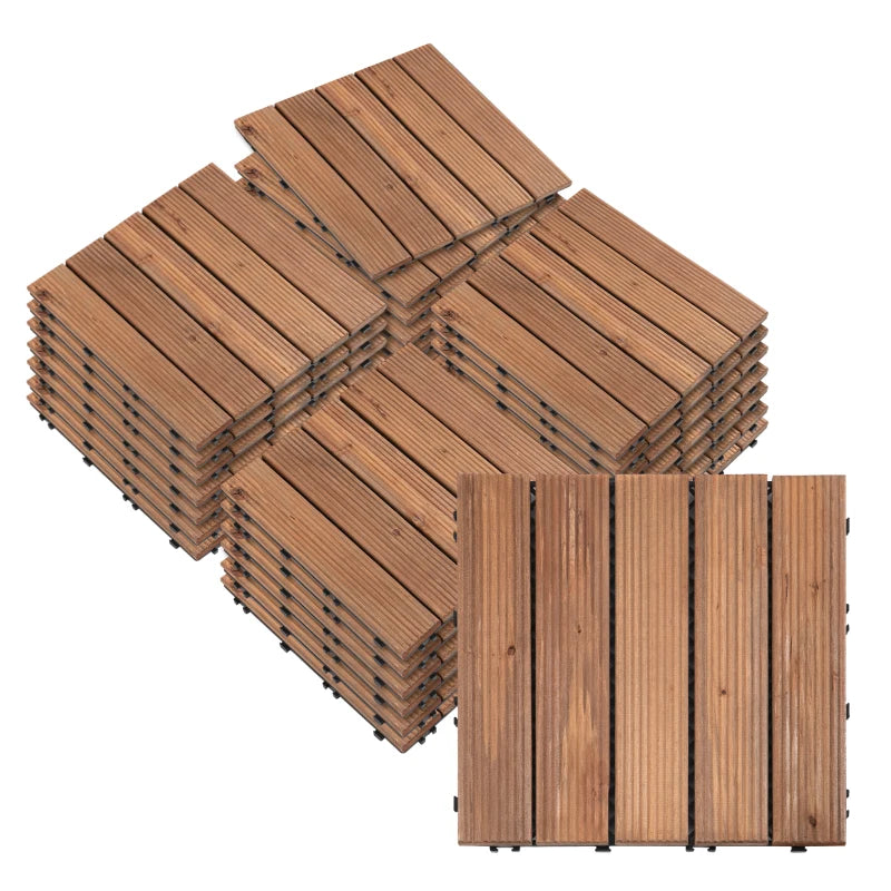 27 Pcs Wood Interlocking Deck Tiles, 12 x 12in Outdoor Flooring Tiles for Indoor and Outdoor Use, Tools Free Assembly, Brown