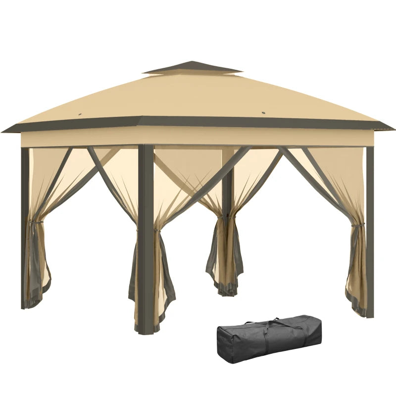 11' x 11' Pop Up Gazebo, Double Roof Foldable Height Adjustable Canopy Tent with Mesh Sidewalls, Carrying Bag, Beige