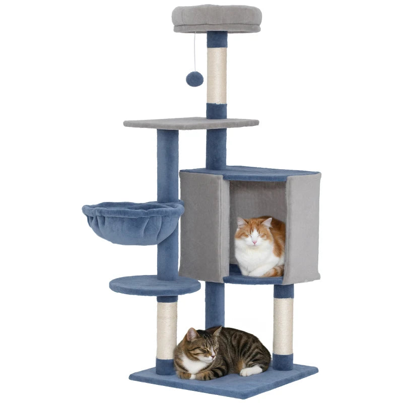 48" Modern Cat Tree with Condo, Hammock, Perch, Sisal Scratching Posts, Toy Ball, for Indoor Cats, Blue and Grey
