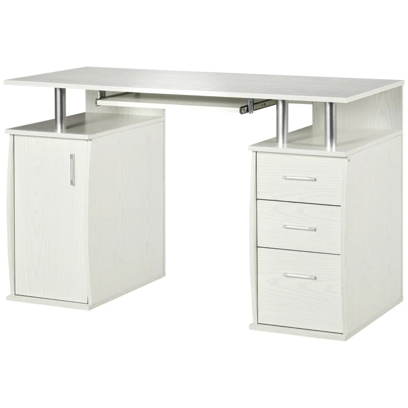 47" Computer Desk with Keyboard Tray and Storage Drawers, Home Office Workstation Table with Storage Shelves, White