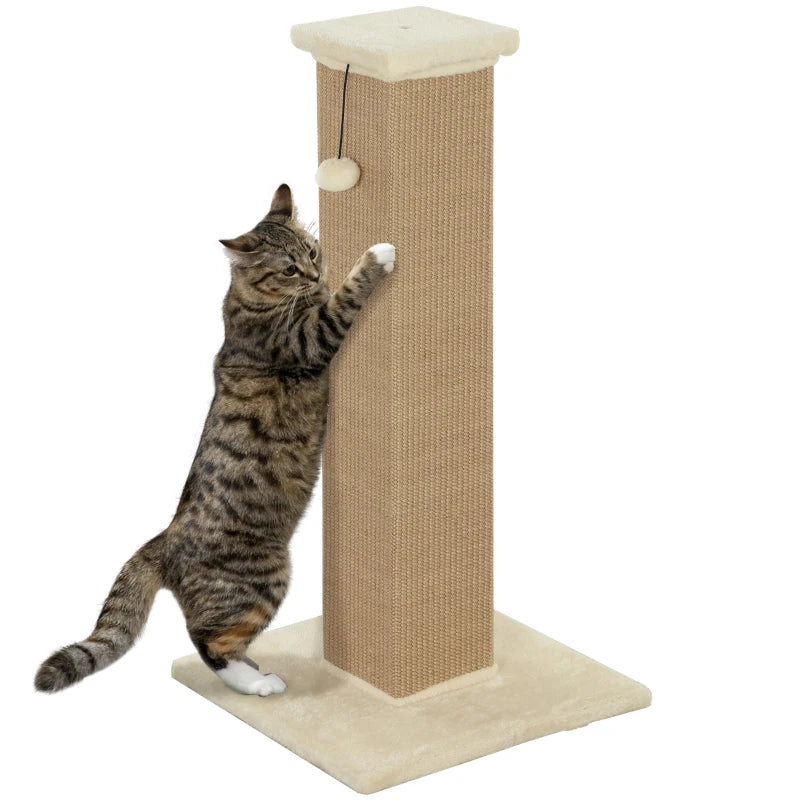 32" Tall Cat Scratching Post for Indoor Cats and Kittens, Sisal Cat Scratcher with Hanging Ball Soft Plush, Beige