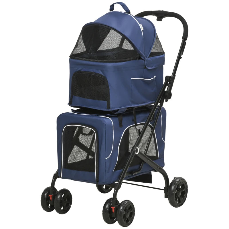 3-in-1 Double Pet Stroller for Small Miniature Dogs Cats with Removable Carrier, Foldable Travel Carrier Bag, Car Seat, Blue
