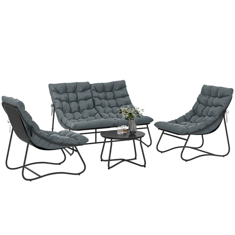 4 Piece Patio Furniture Set, Outdoor Furniture Conversation Set with Loveseat, Chairs Round Metal Table, Cushions, Grey