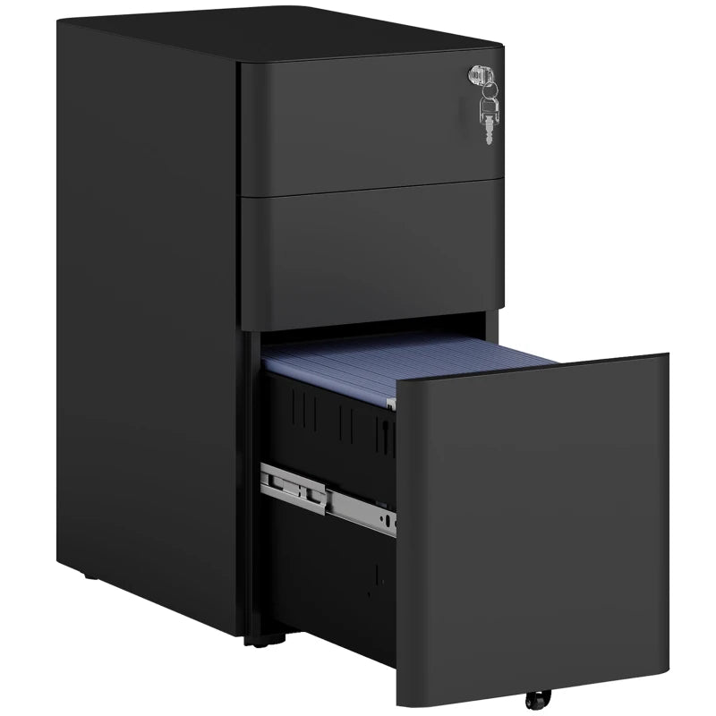 3 Drawer Filing Cabinet, Lockable Steel Office Storage Cabinet with Hanging Bar for Letter, A4, Legal Files, Black