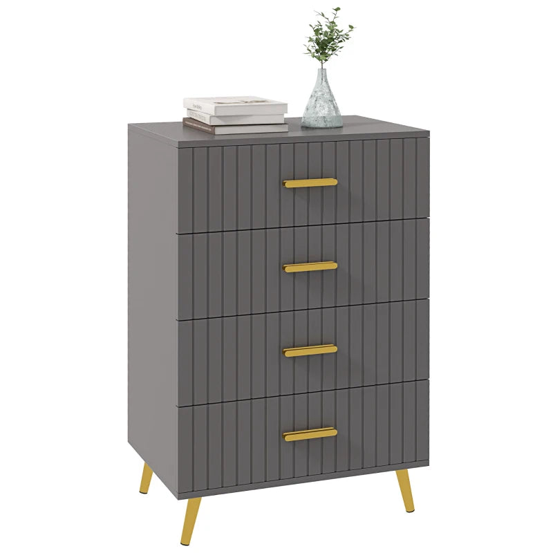 4 Drawer Cabinet, Drawer Chest for Bedroom, Chest of Drawers with Aluminium Legs and Gold Handles, Dark Grey