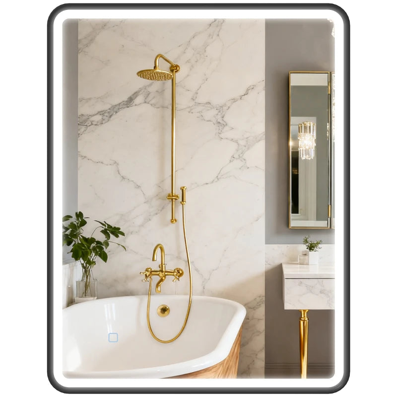 36" x 28" Bath Mirror with LED Lights, Wall Mounted Restroom Mirror, 3 Colours, Dimmable, Horizontal/Vertical, Black