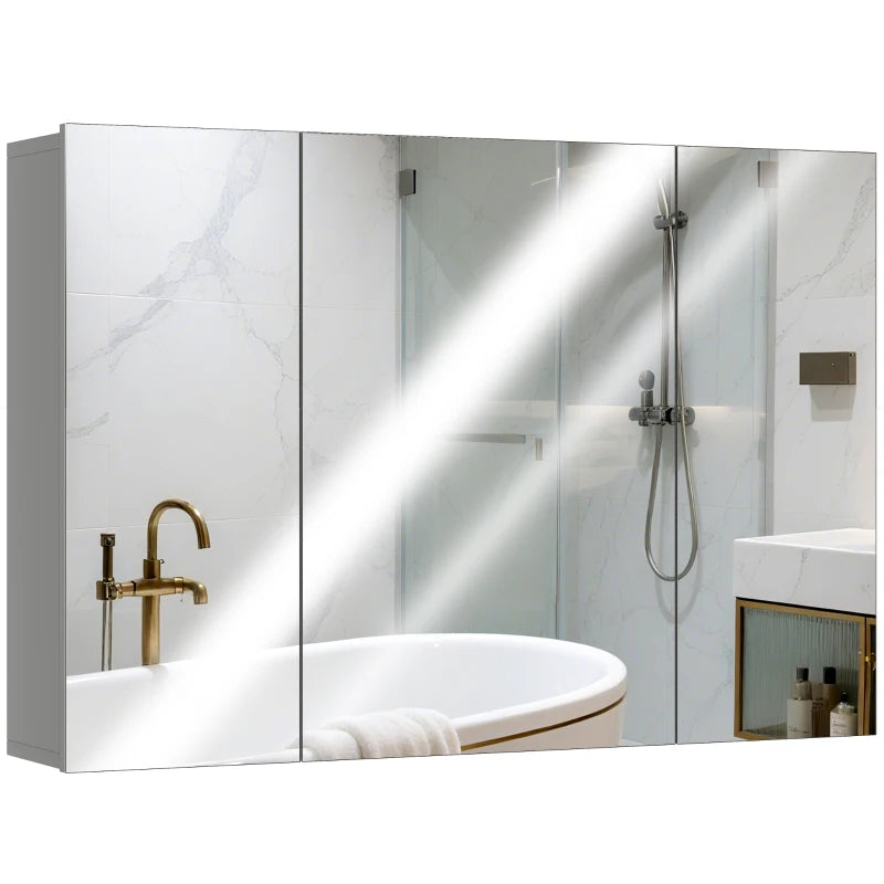 35" x 24" Wall Mounted Mirror Cabinet, Bathroom Medicine Cabinet with Mirror, 3 Doors and Adjustable Shelves, Grey