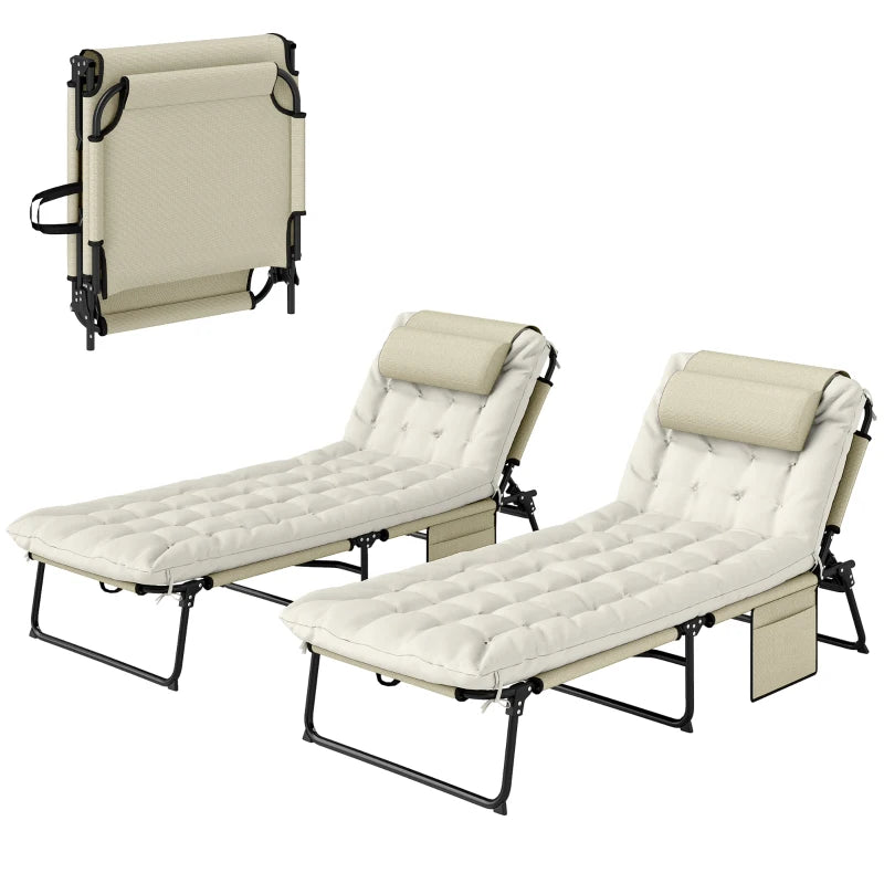 2-Piece Folding Lounge Chairs with Adjustable Backrest, Tanning Chair with Cushion, Side Pocket, Headrest, Beige