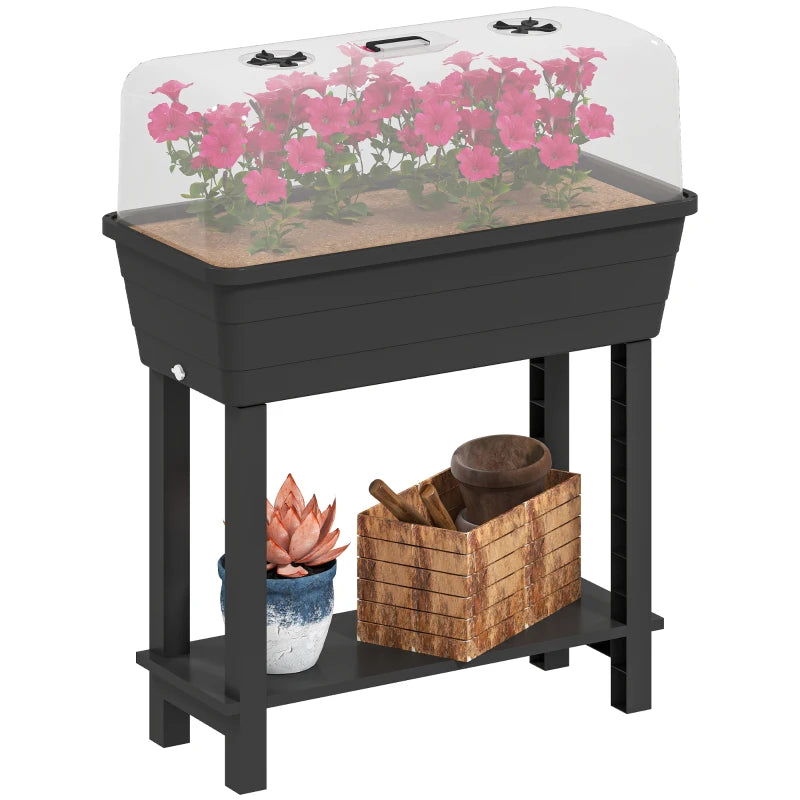 41L Self Watering Raised Garden Bed w/ Ventilation Transparent Lid Greenhouse, Planter Box w/ Storage Shelf, Black