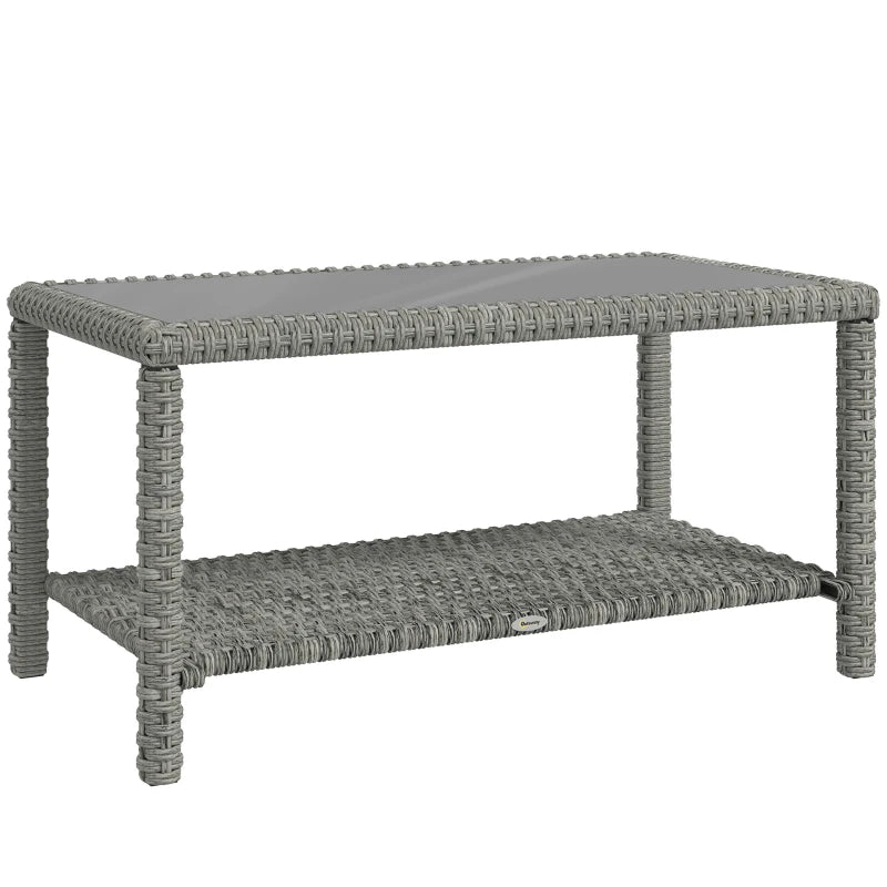 35" Outdoor Wicker Coffee Table with Glass Top, Storage Shelf for Garden Porch Balcony Deck, Dark Grey