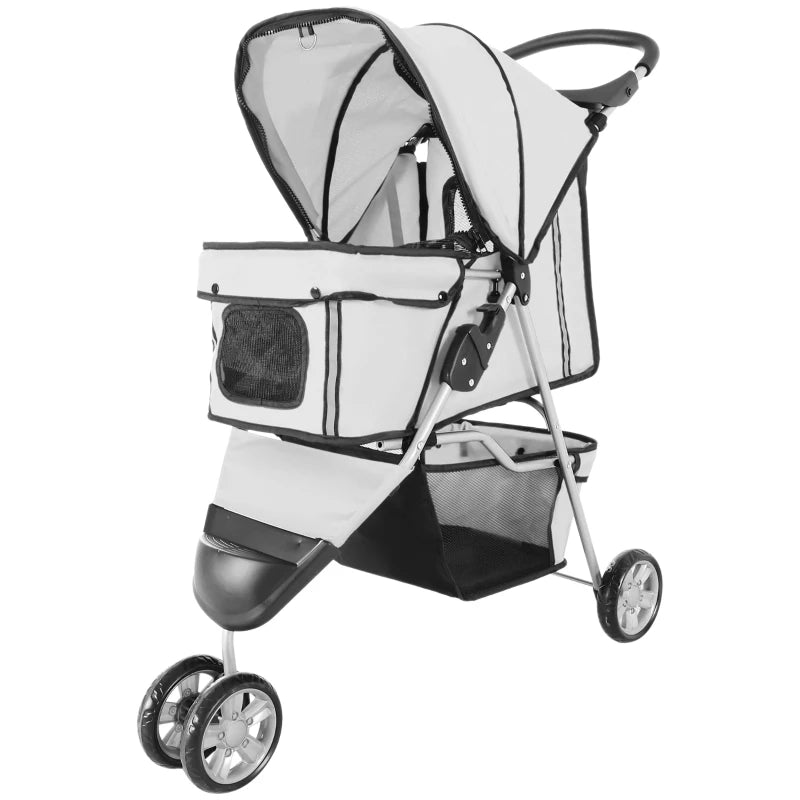 3 Wheels Foldable Dog Stroller with Storage Basket, Adjustable Canopy, Cupholder for Miniature and Small Dogs, Grey