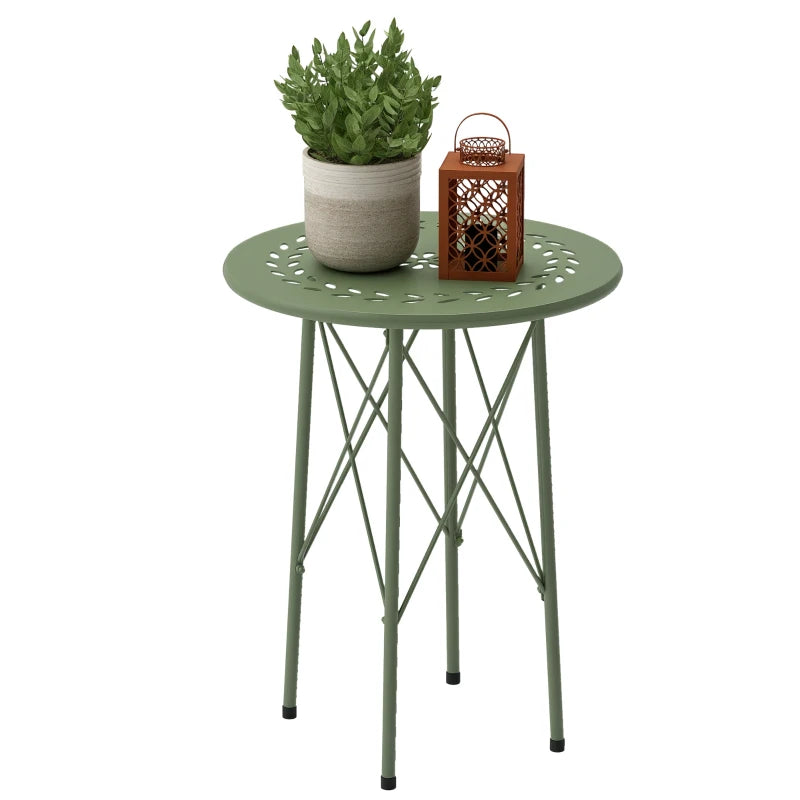 15.7" Round Garden Table with Floral Cut-Out, Steel Balcony Side Bistro Coffee Table with Adjustable Feet, Green