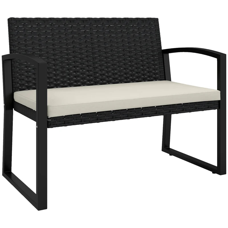 2 Seater Outdoor Bench, Rattan Garden Bench Loveseat with Cushion, Armrests, Steel Frame for Patio, Porch, Beige