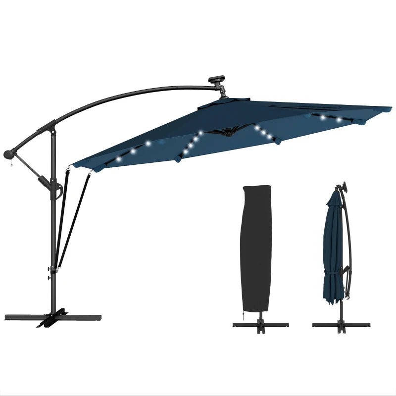11.3 ft Cantilever Patio Umbrella with Light, Cover, Aluminium UPF50+ Offset Outdoor Umbrella Parasol, Navy Blue