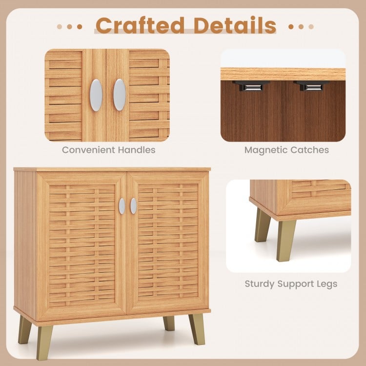 2-Door 4-Tier Shoe Cabinet Storage Organizer with Ventilated Woven Doors-Teak