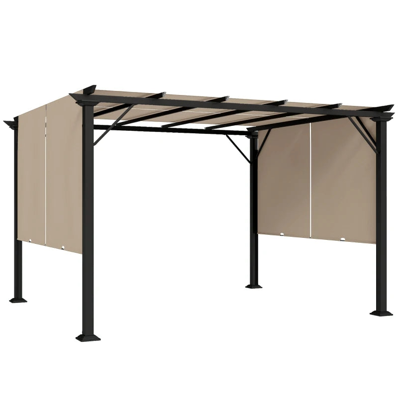 12' x 10' Outdoor Patio Gazebo Pergola with Retractable Canopy Roof, Steel Frame with Stakes, Light Brown