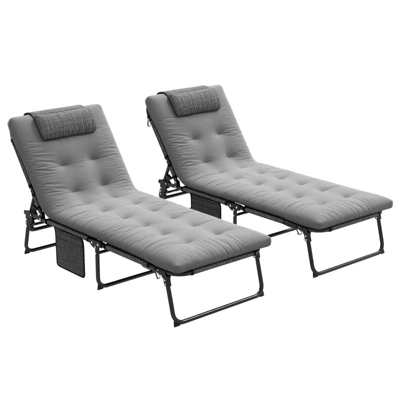 2-Piece Folding Lounge Chairs with Adjustable Backrest, Tanning Chair with Cushion, Side Pocket, Headrest, Grey