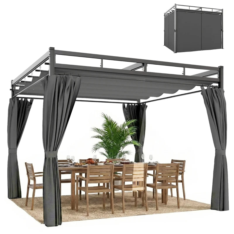 10' x 10' Outdoor Gazebo, Retractable Pergola Canopy with Curtains, UPF30+ Free Standing Metal Pergola Kit, Dark Grey