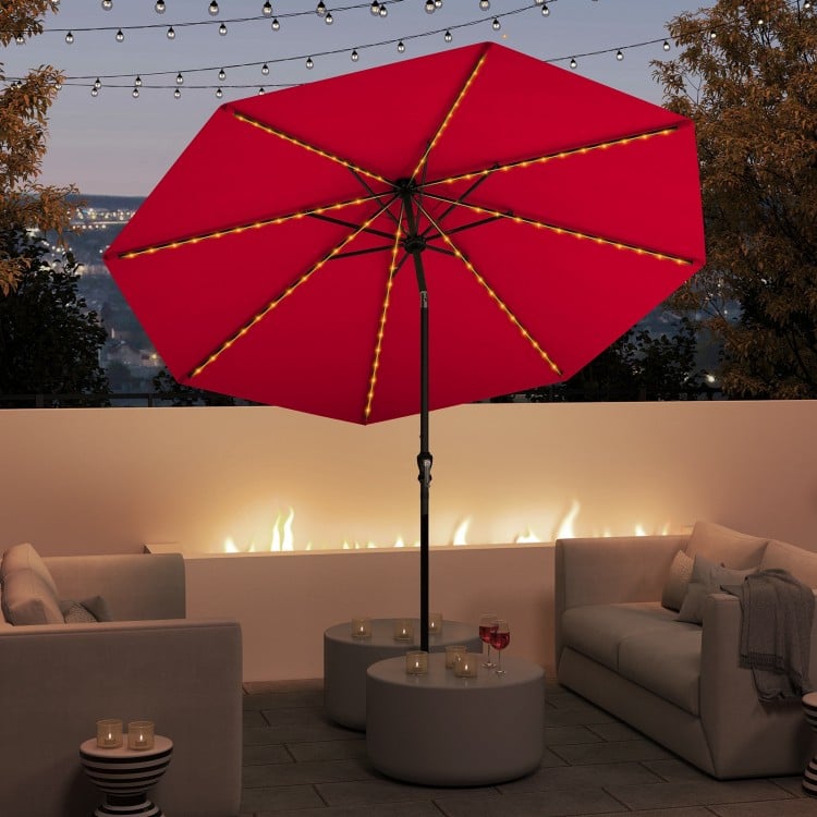 10 Feet Solar Patio Umbrella with 96 Multi-Colored Flowing LED Lights and Tilt Adjustment-Red