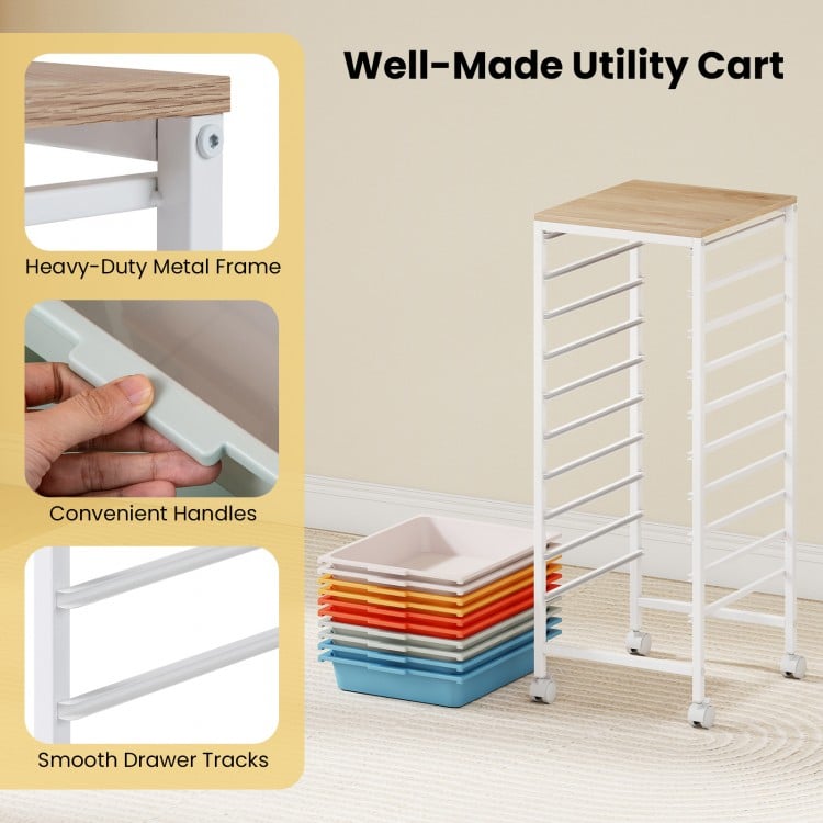10-Drawer Rolling Storage Cart Mobile Utility Organizer with Wooden Tabletop and Lockable Wheels-Macaron
