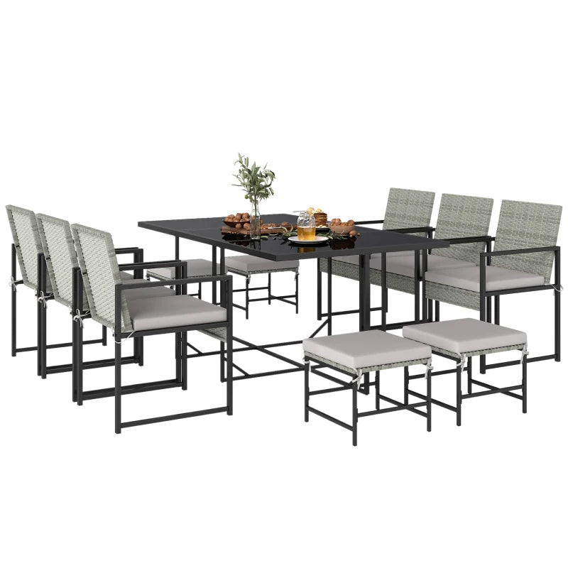 11 Pieces Wicker Patio Dining Set, Rattan Outdoor Furniture Set with 6 Armchairs, 4 Stools, Light Grey