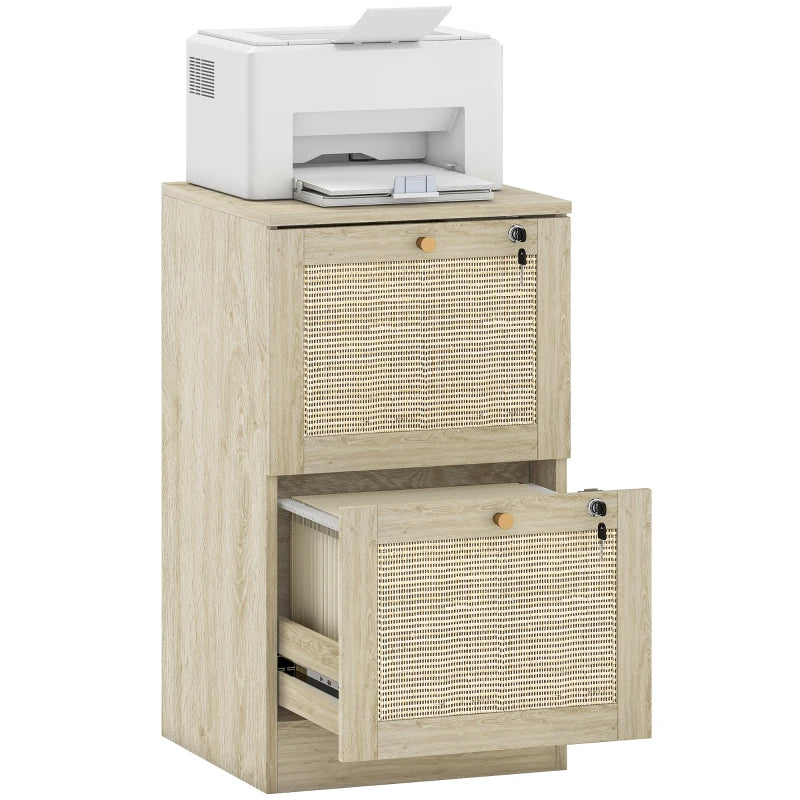 2 Drawer Filing Cabinet with Lock, Boho File Cabinet for A4 Letter Size Files with Decorative Rattan Accents, Oak