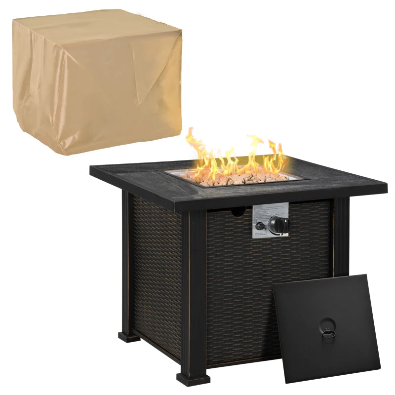 30 Inch Outdoor Gas Fire Pit Table, 50000 BTU Wicker Auto Ignition Propane Fire Table with Lid, Lava Rocks and Cover, CSA Certification for Patio