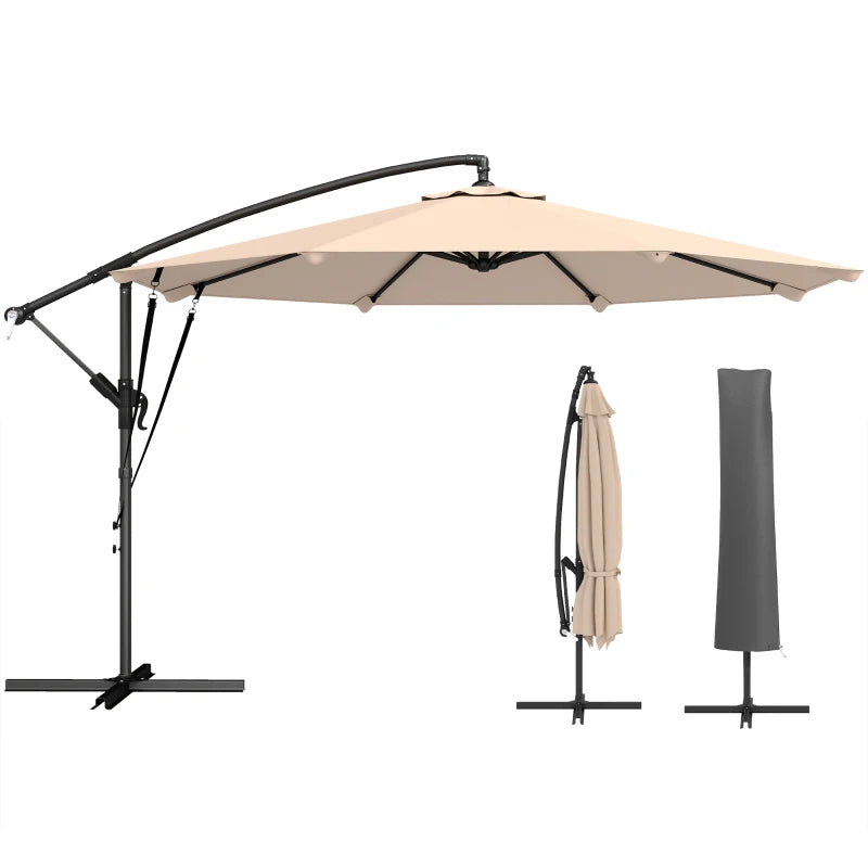 10FT Cantilever Patio Umbrella with 8 Ribs, Offset Patio Umbrella with Cover and Wind Ropes for Garden, Yard, Khaki