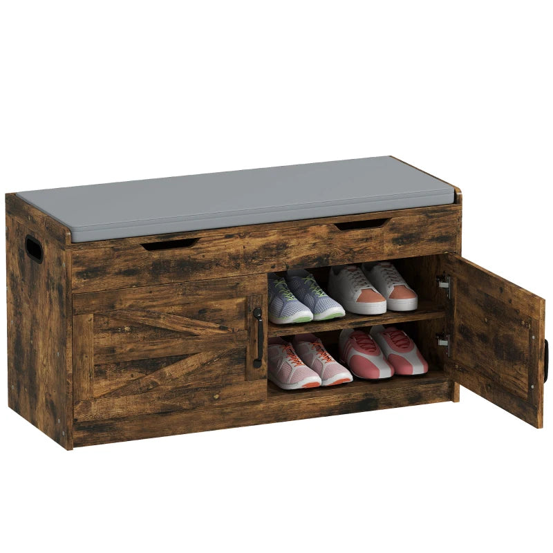 Shoe Storage Bench, Entryway Bench with 2-Tier Cabinet, Flip-Top Storage, Padded Cushion for Hallway, Rustic Brown
