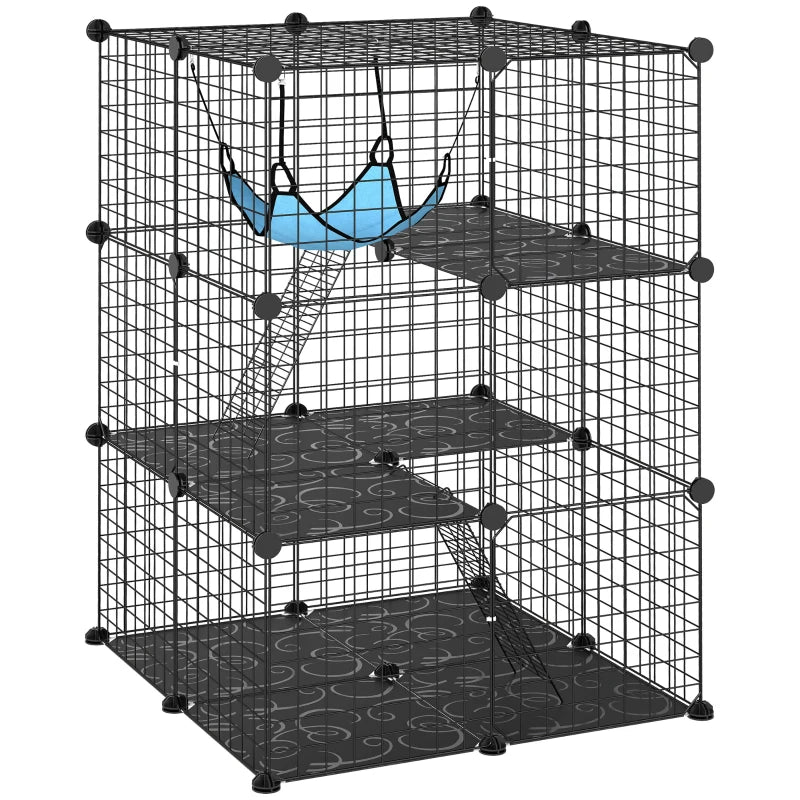 3 Tier Cat Cage Crate, DIY Pet Playpen with 3 Doors, Ladders, Hammock, Platforms, Indoor Playpen for Kittens, Black