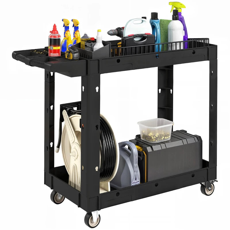 2-Tier Rolling Tool Cart with Wheels, 500 LBS Capacity Utility Cart with Handle, Mobile Service Tool Organizer, Black
