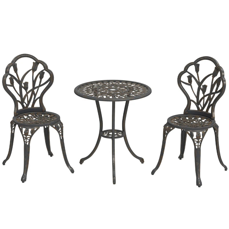 3PCs Patio Bistro Set, Outdoor Cast Aluminum Garden Table and Chairs with Umbrella Hole for Balcony, Bronze