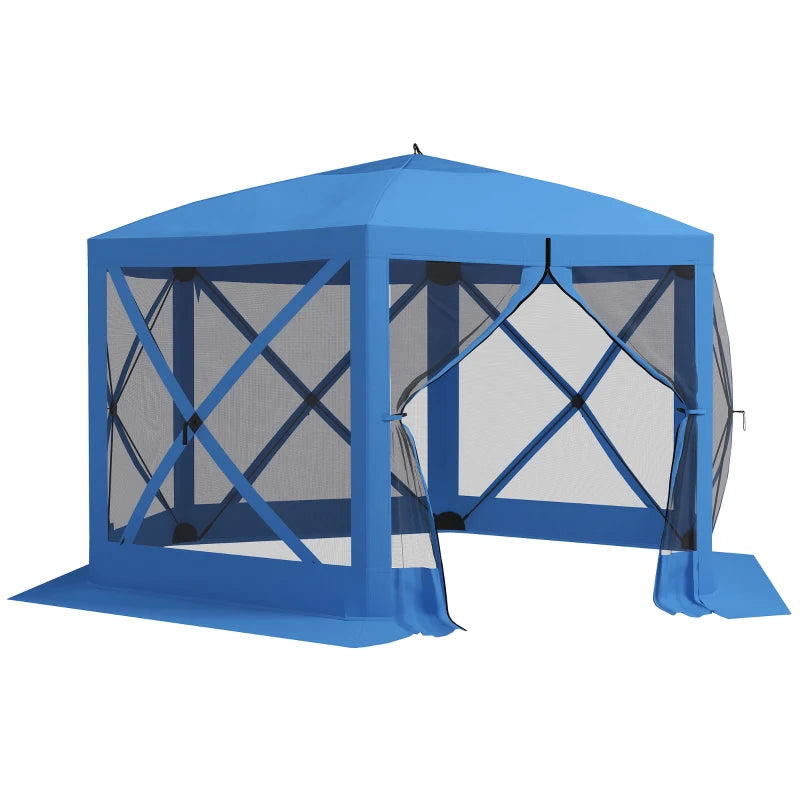 12' x 12' Hexagon Automatic Pop Up Screen Tents, Camping Shelter w/ Mesh Sidewalls and Carry Bag Blue
