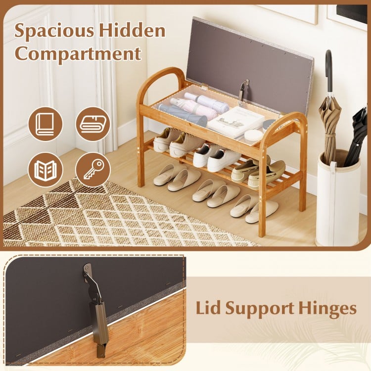 2-Tier Bamboo Shoe Bench with Storage and Padded Cushion-Gray